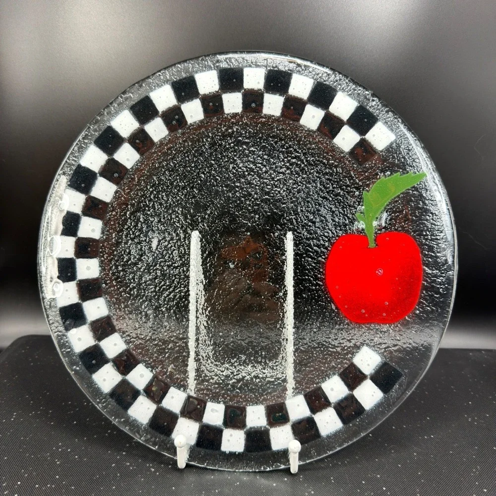 Peggy Karr Fused Glass Platter Black‎ White Checkerboard Apple Serving Tray 11